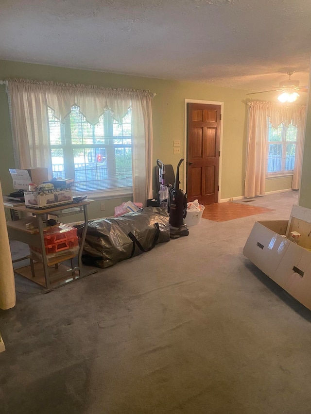 carpeted living room with ceiling fan and a healthy amount of sunlight