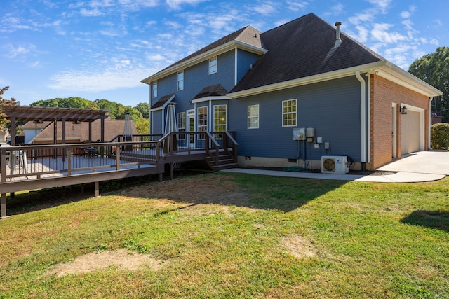 rear view of property featuring a pergola, a lawn, a wooden deck, and ac unit