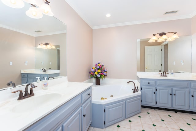 bathroom featuring vanity, ornamental molding, and a tub to relax in