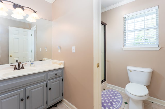 bathroom with a shower with door, toilet, tile patterned flooring, ornamental molding, and vanity