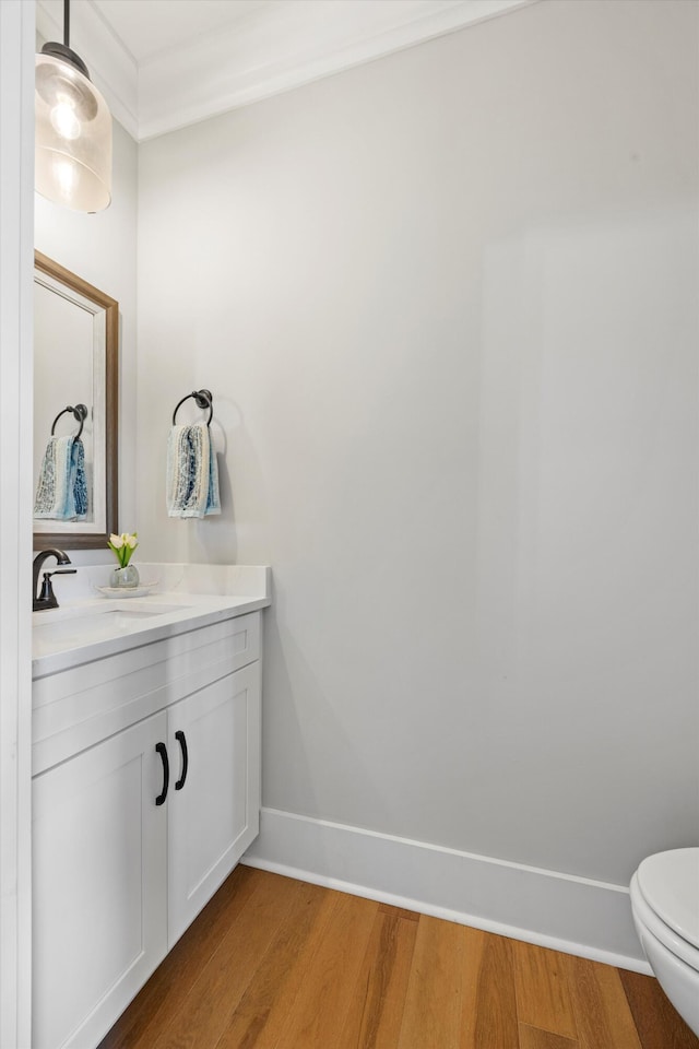 bathroom with vanity, hardwood / wood-style floors, and toilet