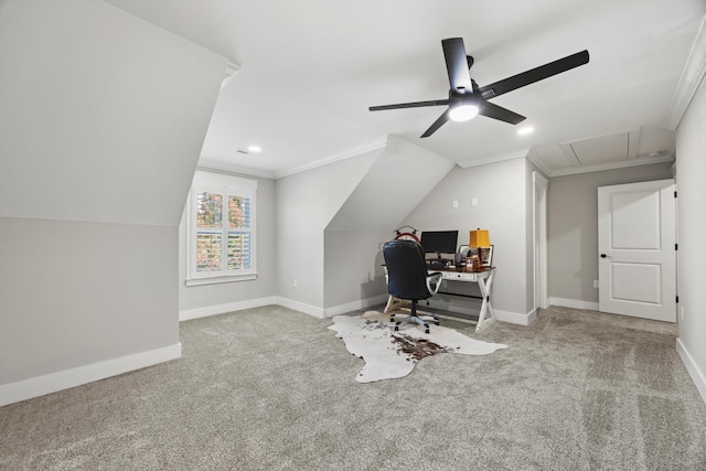 home office featuring crown molding, vaulted ceiling, and light colored carpet