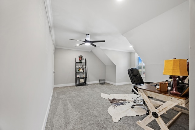 carpeted office with vaulted ceiling and ceiling fan