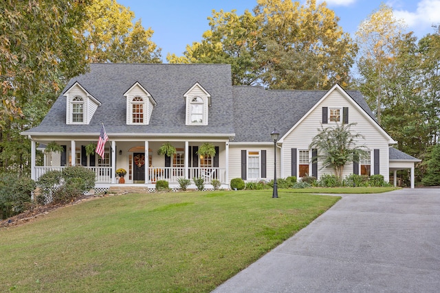 new england style home with a porch and a front yard