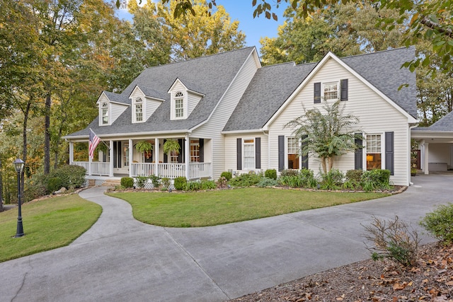 cape cod home with a front lawn and a porch