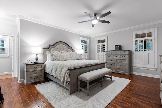 bedroom with ceiling fan, dark hardwood / wood-style flooring, and crown molding