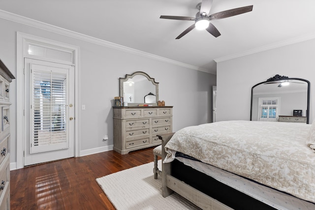 bedroom with dark hardwood / wood-style flooring, access to outside, ceiling fan, and crown molding