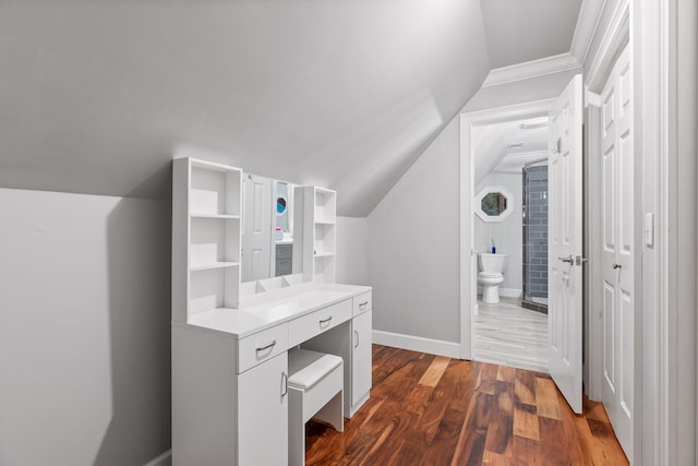 interior space featuring wood-type flooring, vanity, toilet, and lofted ceiling