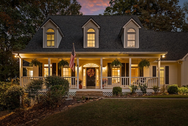 view of front facade with covered porch and a lawn