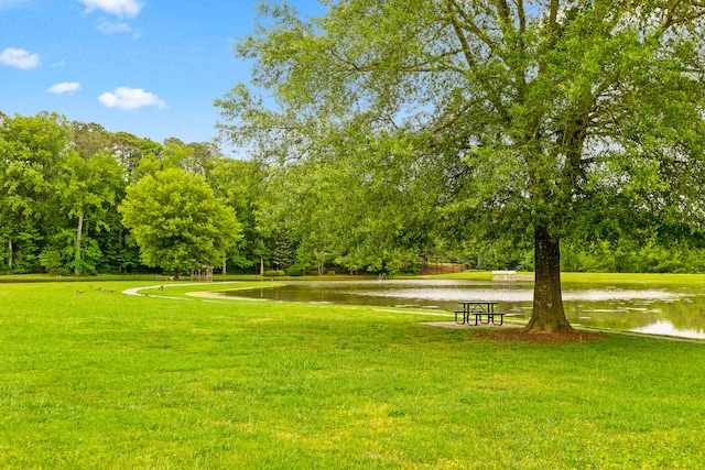 view of home's community with a yard and a water view