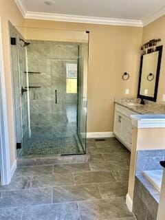 bathroom with shower with separate bathtub, vanity, and ornamental molding