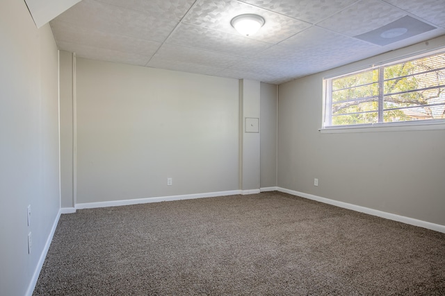 spare room featuring carpet and a drop ceiling