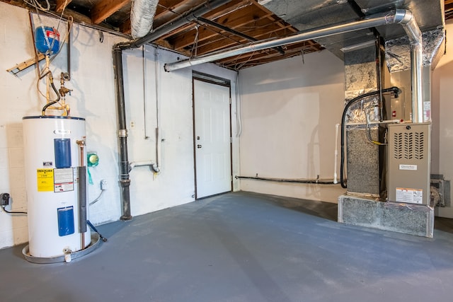 basement featuring electric water heater and heating unit