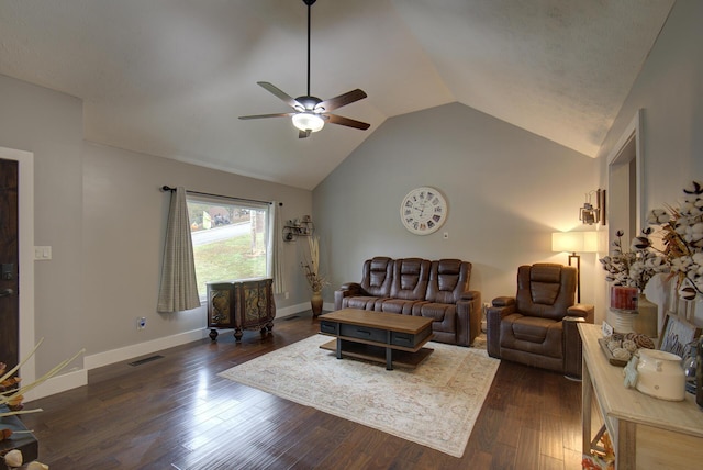 living area with a ceiling fan, vaulted ceiling, dark wood-style flooring, and baseboards