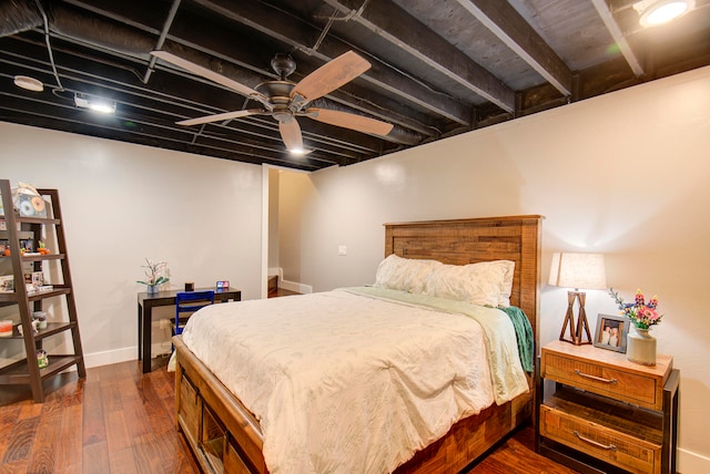 bedroom featuring dark wood-type flooring and ceiling fan