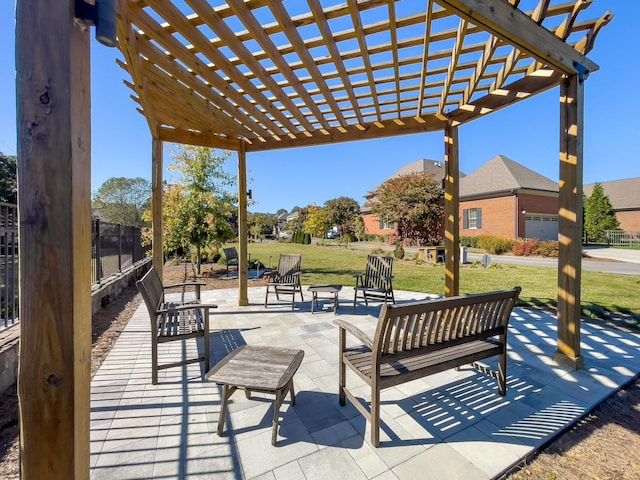 view of patio / terrace with a pergola and outdoor lounge area