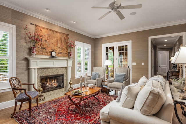 living room featuring ceiling fan, a healthy amount of sunlight, wood-type flooring, and a fireplace