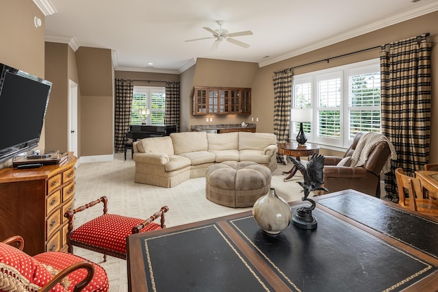 living room featuring ceiling fan and ornamental molding