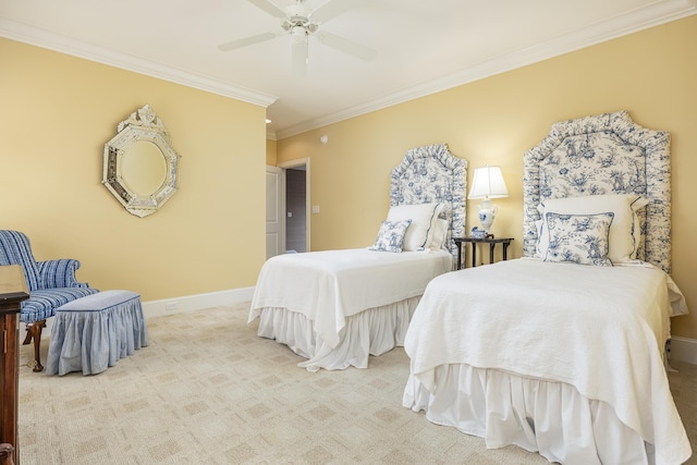 bedroom with light carpet, ceiling fan, and ornamental molding