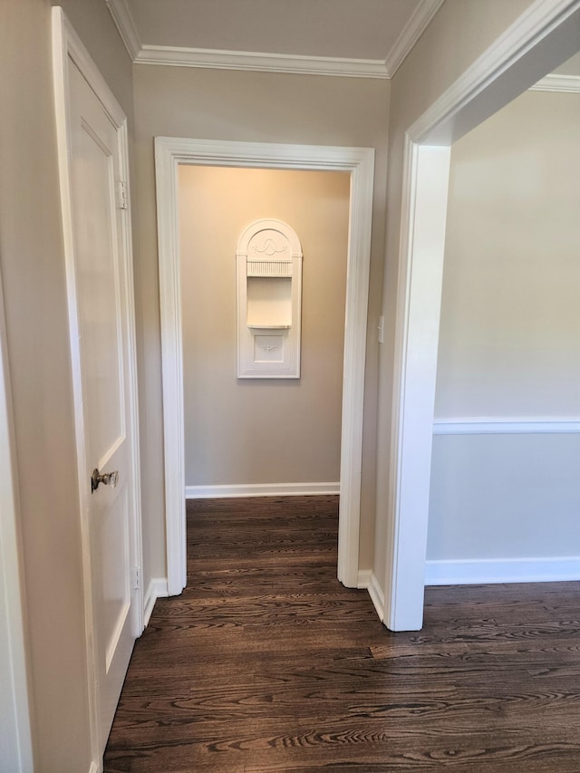 corridor with ornamental molding and dark wood-type flooring