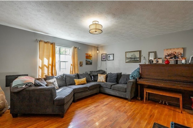 living room with a textured ceiling and hardwood / wood-style floors