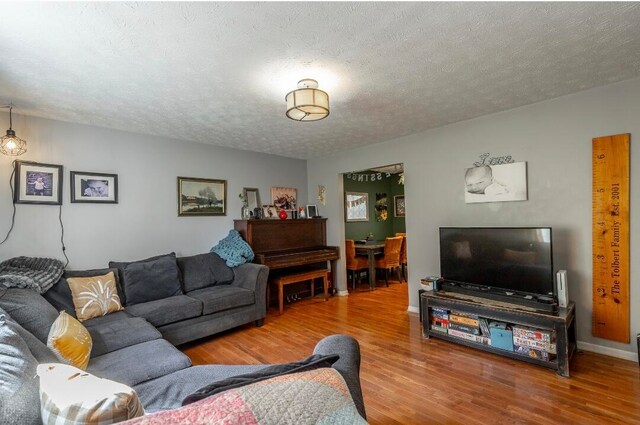 living room featuring a textured ceiling and hardwood / wood-style flooring