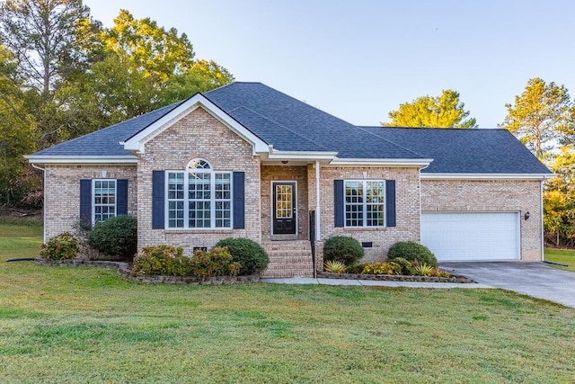 single story home with a garage and a front lawn