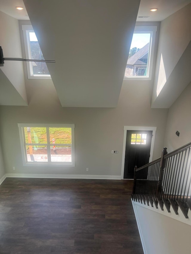 foyer with a high ceiling and dark hardwood / wood-style floors