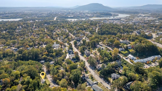 birds eye view of property featuring a water and mountain view