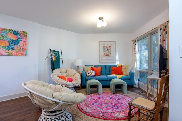 living room with dark hardwood / wood-style floors