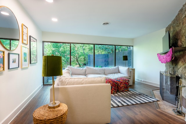 living room featuring a fireplace and dark hardwood / wood-style floors