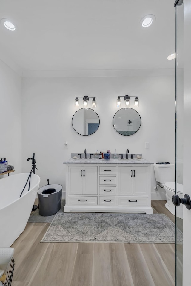 bathroom with vanity, a bathtub, wood-type flooring, and toilet