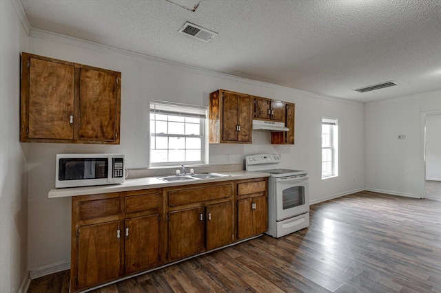 kitchen with a textured ceiling, white range with electric cooktop, dark wood-type flooring, crown molding, and sink