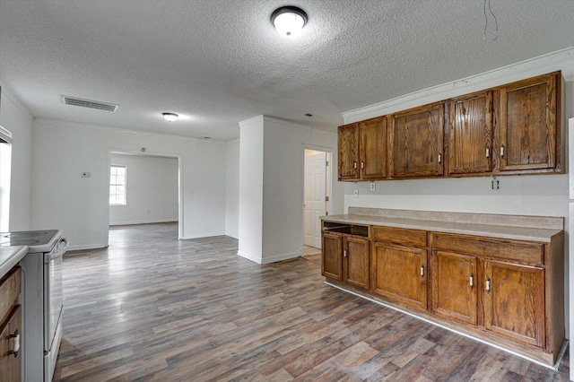 kitchen with crown molding, a textured ceiling, dark hardwood / wood-style flooring, and white range with electric stovetop