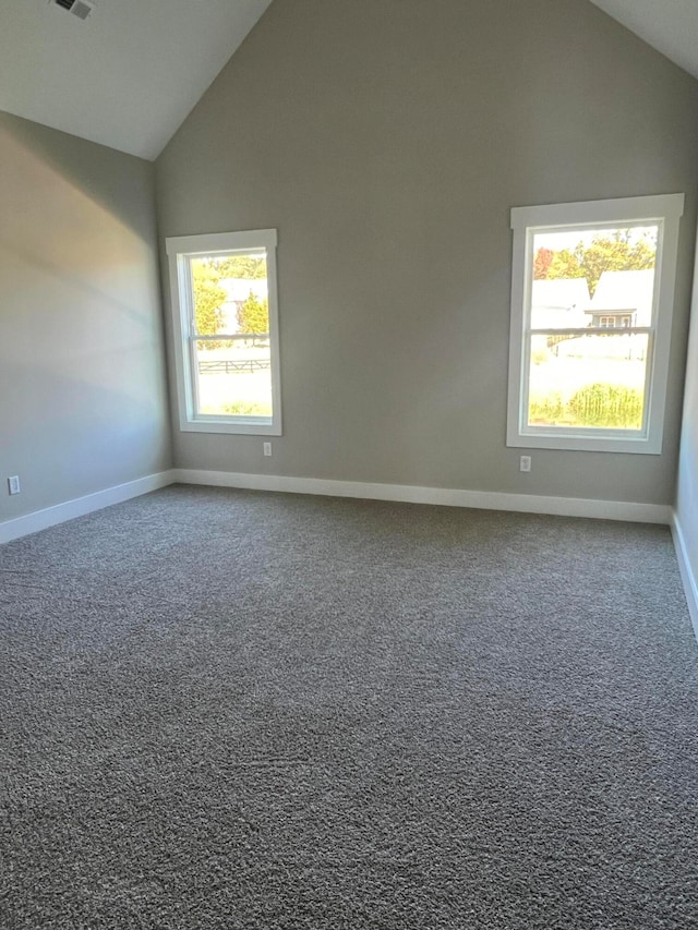 carpeted spare room with high vaulted ceiling and a wealth of natural light