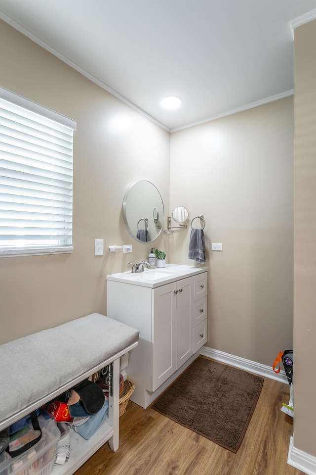 bathroom featuring vanity, wood-type flooring, and ornamental molding