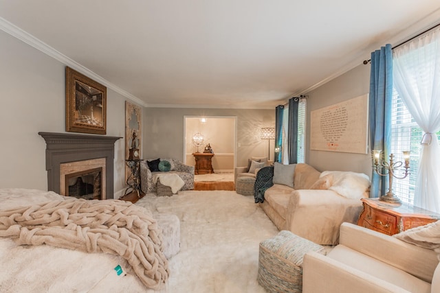 living room featuring crown molding