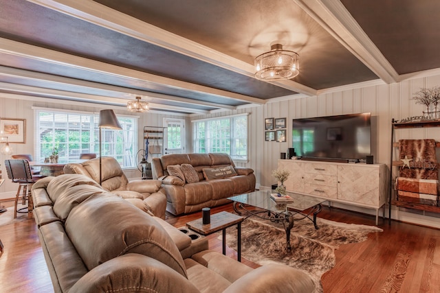 living room with beamed ceiling, a wealth of natural light, and hardwood / wood-style floors