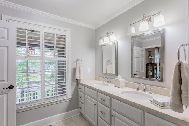 bathroom featuring vanity, tile patterned floors, and ornamental molding