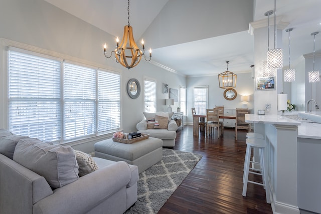 living room featuring high vaulted ceiling, a wealth of natural light, dark hardwood / wood-style floors, and crown molding