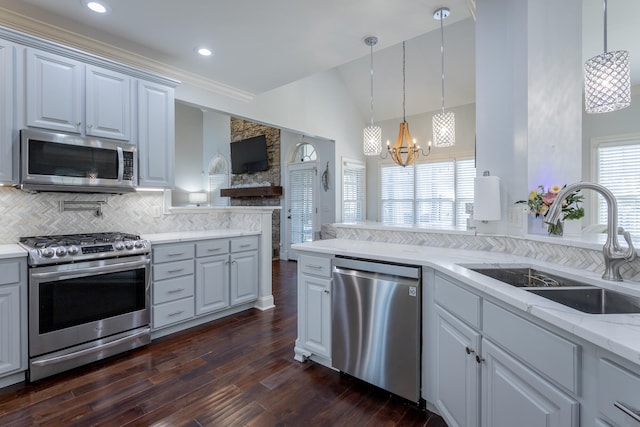 kitchen featuring a wealth of natural light, dark hardwood / wood-style flooring, appliances with stainless steel finishes, and sink