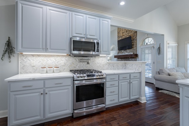 kitchen with tasteful backsplash, stainless steel appliances, dark hardwood / wood-style flooring, white cabinets, and lofted ceiling