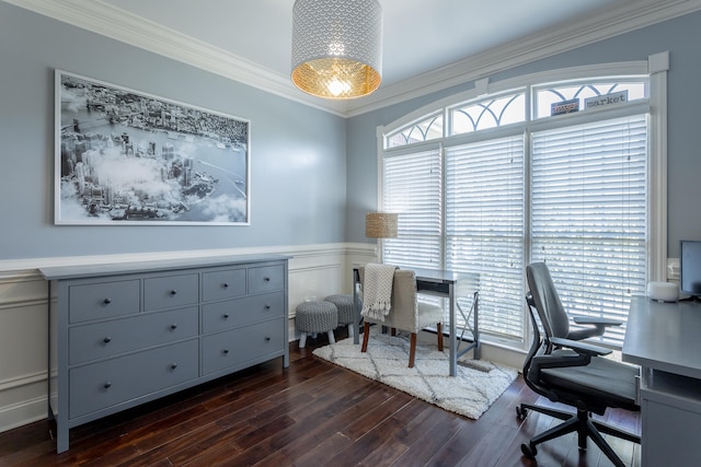 home office featuring dark hardwood / wood-style floors and ornamental molding