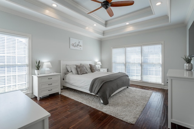 bedroom with ceiling fan, a tray ceiling, dark hardwood / wood-style floors, and crown molding