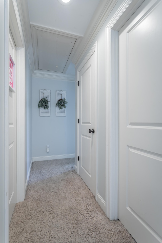 corridor with light colored carpet and crown molding