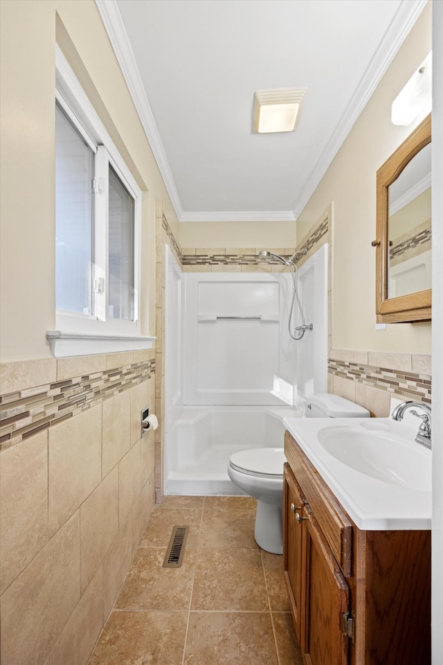 bathroom featuring walk in shower, tile walls, toilet, ornamental molding, and vanity