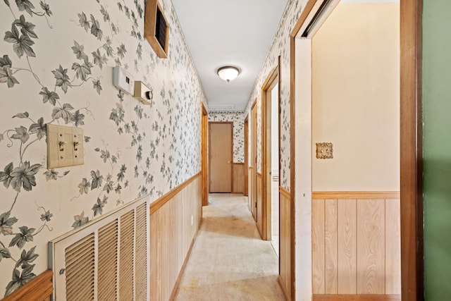 corridor featuring wooden walls and light carpet