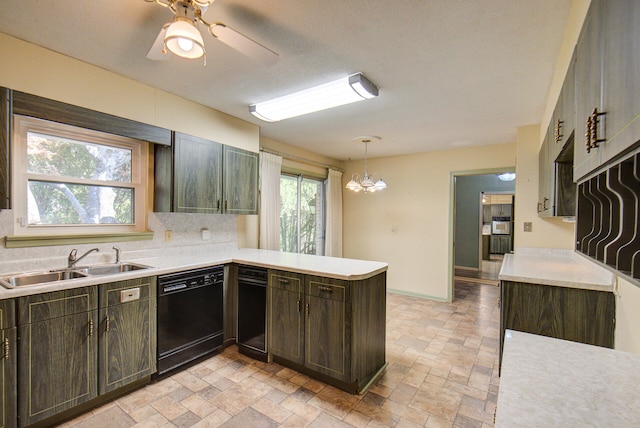 kitchen featuring sink, dishwasher, kitchen peninsula, hanging light fixtures, and dark brown cabinetry