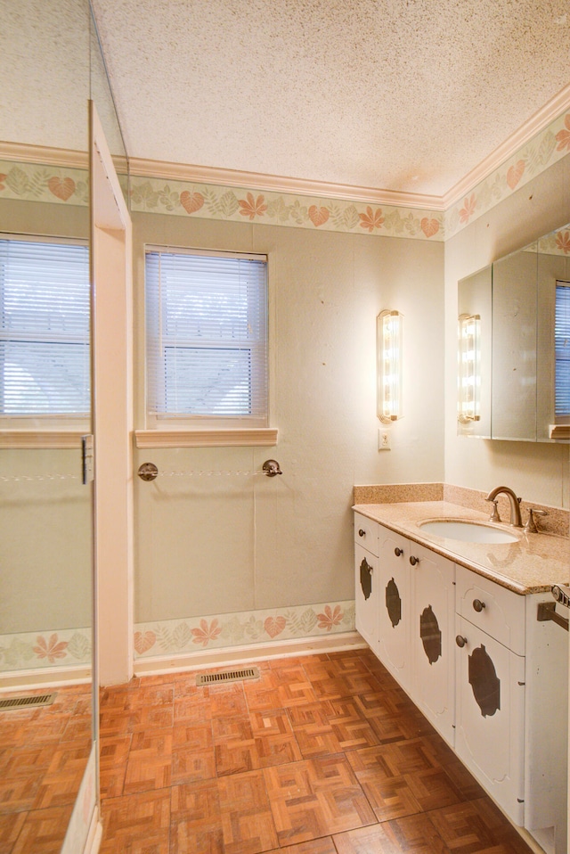 bathroom featuring vanity, a healthy amount of sunlight, and a textured ceiling