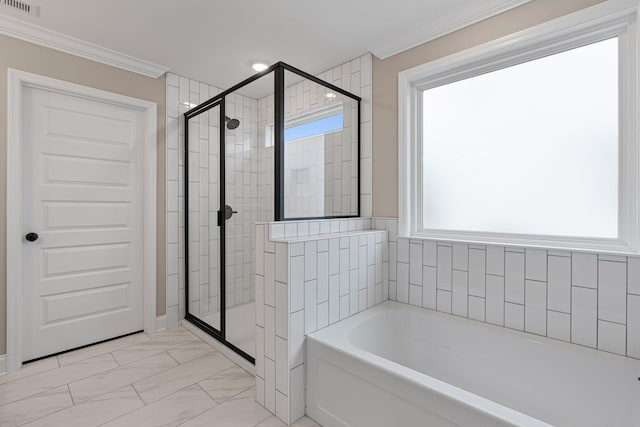 bathroom featuring plus walk in shower and ornamental molding